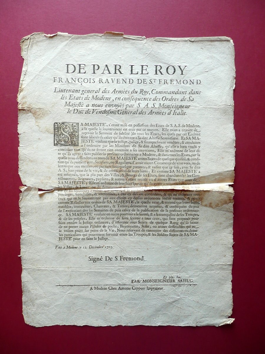 Grida Luigi XIV Occupazione di Modena Disposizioni Varie Capponi 1703 …