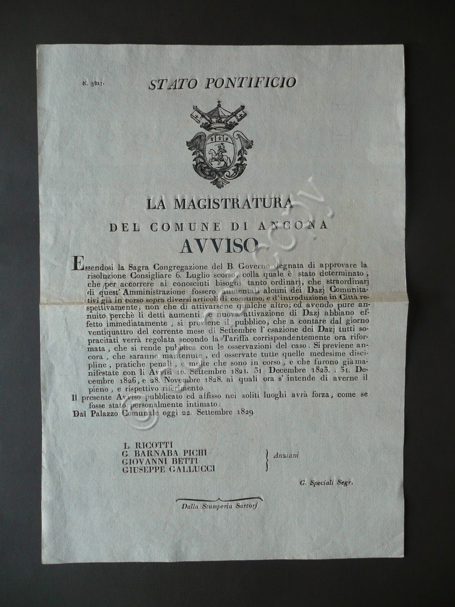 Grida Magistratura Comune di Ancona Stato Pontificio Avviso Riforma Dazi …