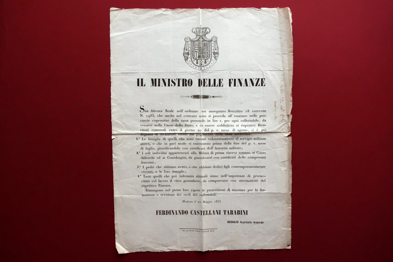 Grida Ministro delle Finanze Tassa Personale Provincie Cispennine Modena 1853