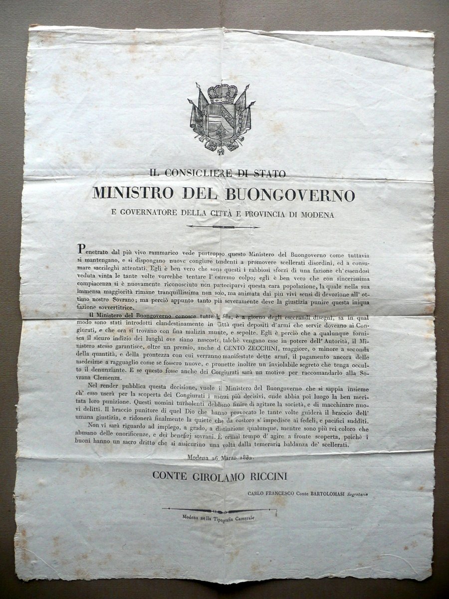 Grida Modena Congiure Disordini Taglia 100 Zecchini Depositi d'Armi Riccini …