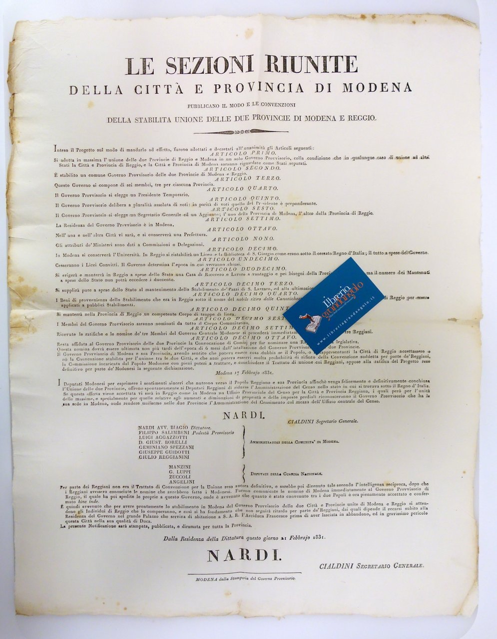 Grida Modena e Reggio Unione delle Provincie Nardi Cialdini 1831 … | Immagine principale