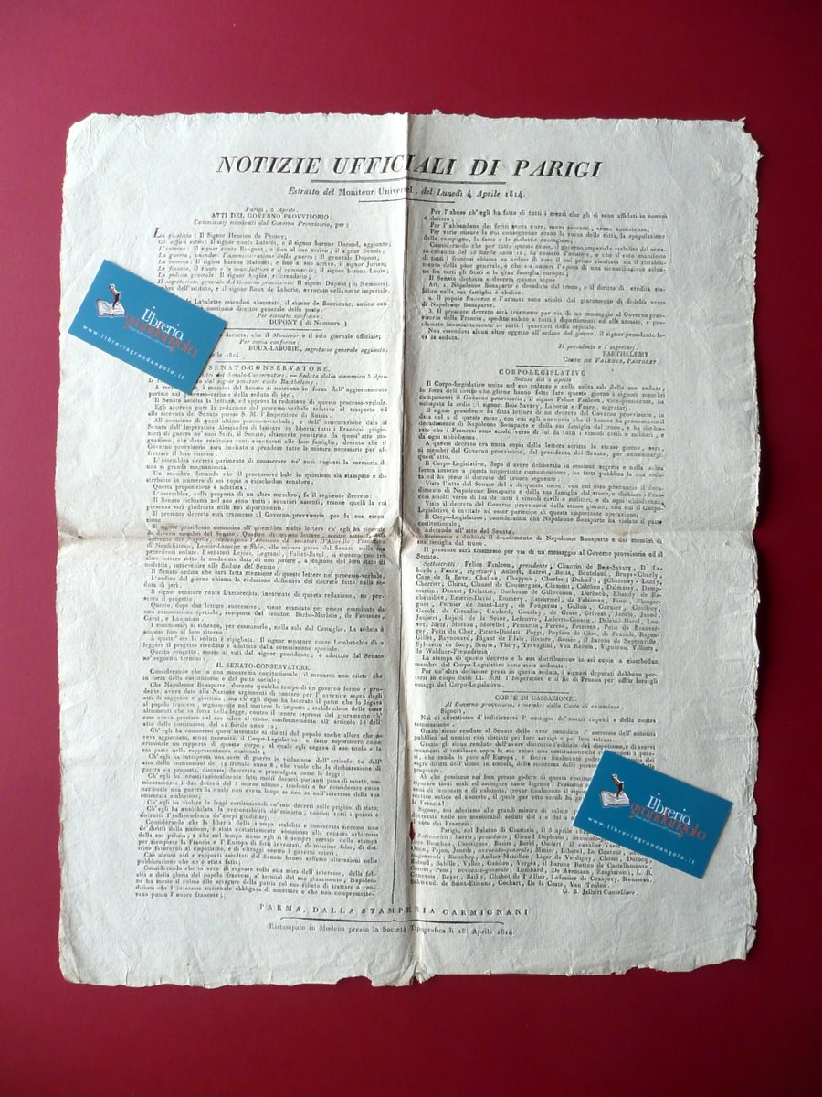 Grida Napoleone Bonaparte Decaduto Notizie Ufficiali da Parigi 18/4/1814 Raro