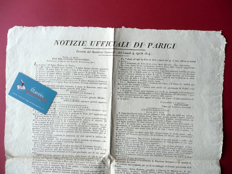 Grida Napoleone Bonaparte Decaduto Notizie Ufficiali da Parigi 18/4/1814 Raro