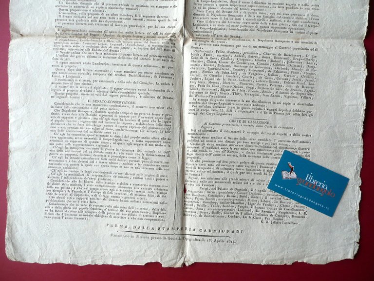 Grida Napoleone Bonaparte Decaduto Notizie Ufficiali da Parigi 18/4/1814 Raro