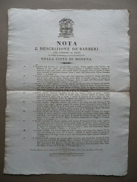 Grida Nota Descrizione Barberi Palio Modena 1829 Soliani Cavalli Corse …