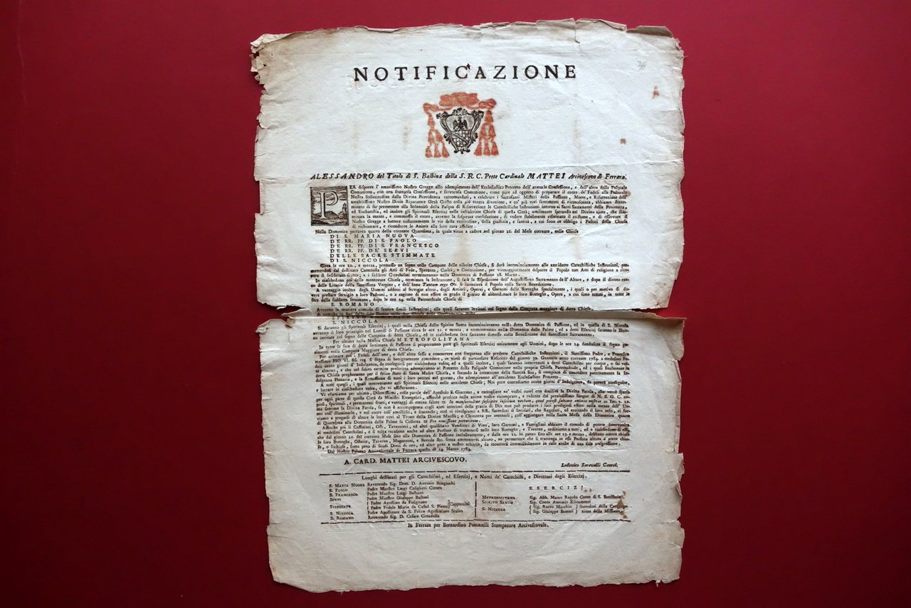Grida Notificazione Ferrara Preparazione alla Pasqua Riti Catechismo Chiese 1784