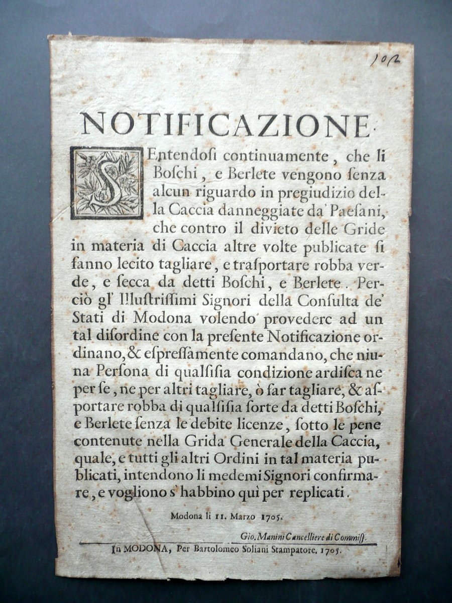 Grida Notificazione Modena Caccia Danni ai Boschi e Berlete Soliani … | Immagine principale