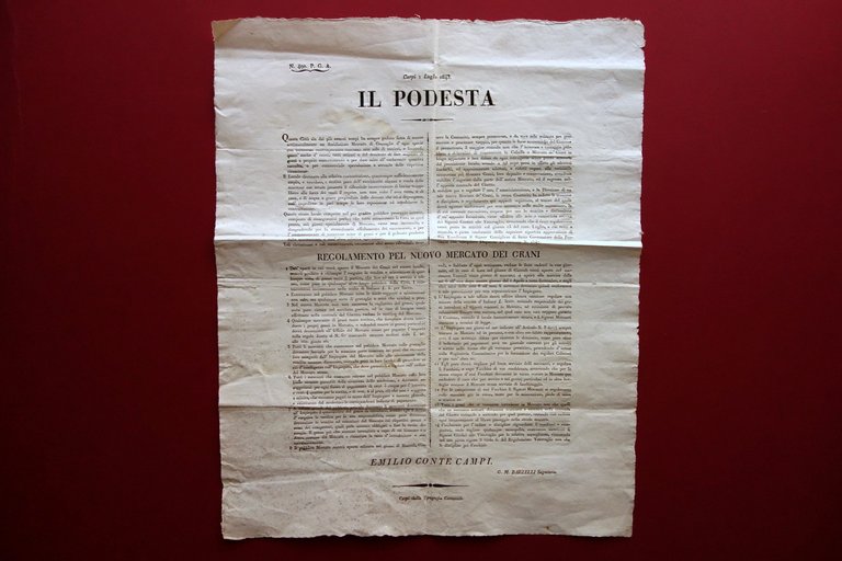 Grida Podestà Carpi Regolamento per il Nuovo Mercato dei Grani 1843 Modena
