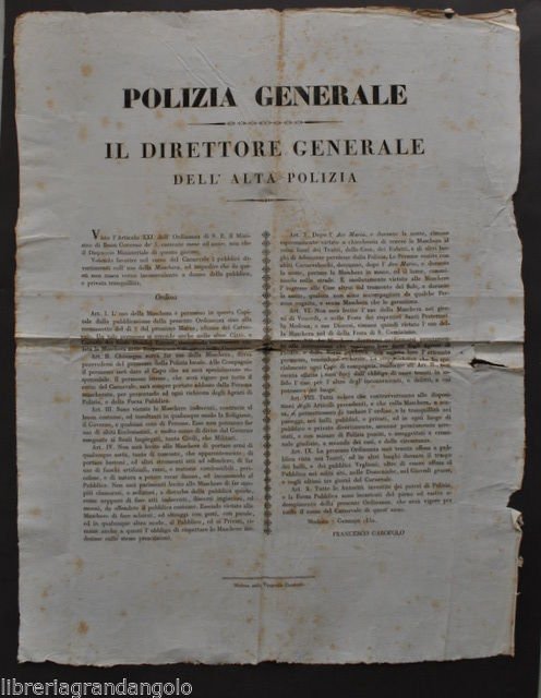 Grida Polizia Generale Carnevale Uso Maschere Disposizioni Risorgimento 1832