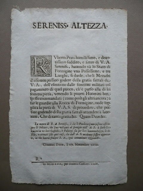 Grida Possessione Stato Formigine Rocca Soldati Servizio Cassiani Modena 1659