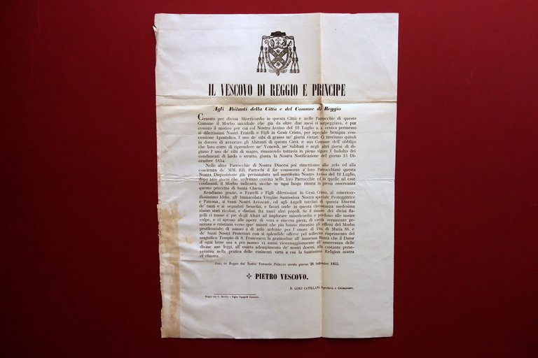 Grida Reggio Emilia Cessazione Deroga Cibi di Grasso Epidemia di Colera 1855