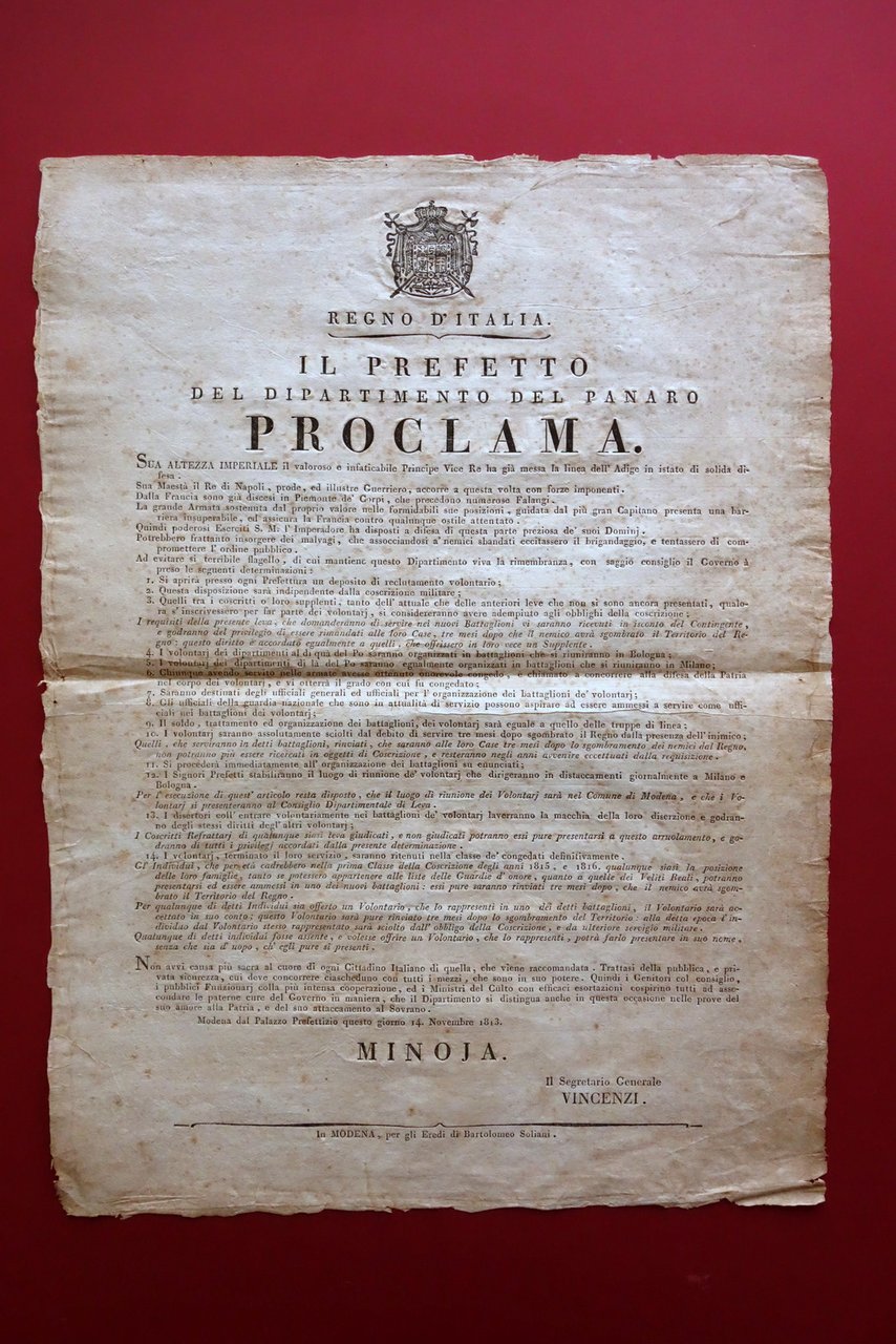 Grida Regno d'Italia Proclama Arruolamento Volontari Linea Adige Modena 1813