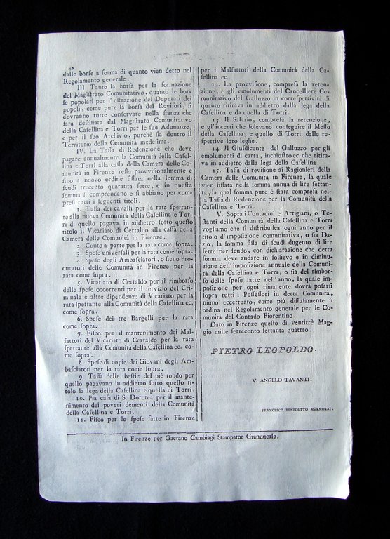 Grida Regolamento comunit‡ Castellina e Torri 1774 Pietro Leopoldo Num …