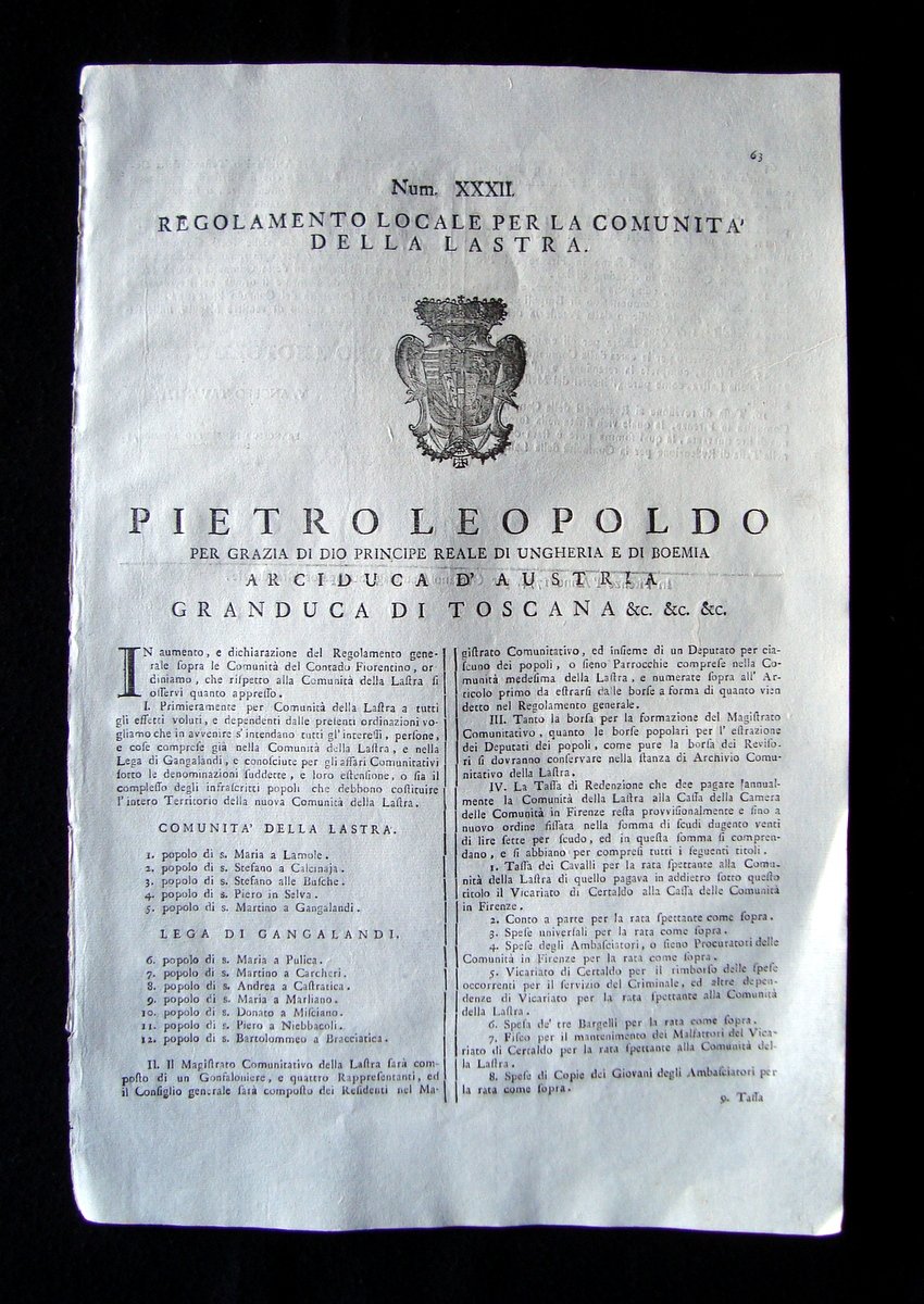 Grida Regolamento comunit‡ Lastra 1774 Pietro Leopoldo Num XXXII