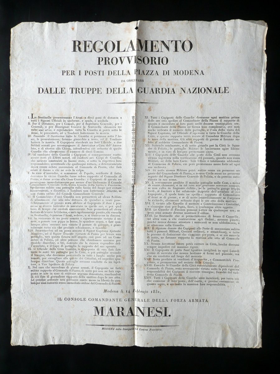 Grida Regolamento Provvisorio Posti Piazza di Modena Guardia Nazionale 1831