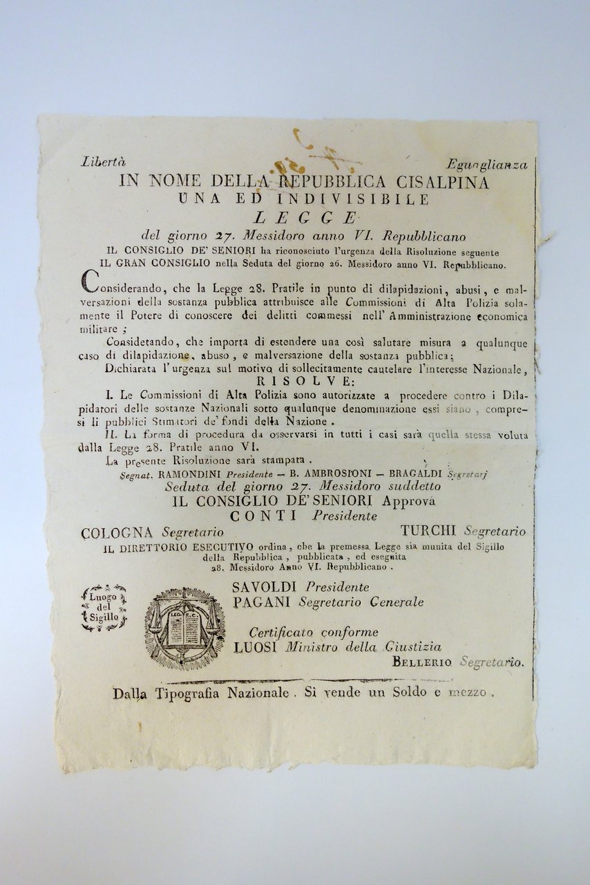 Grida Repubblica Cisalpina Abusi Amministrazione Economica Alta Polizia 1798