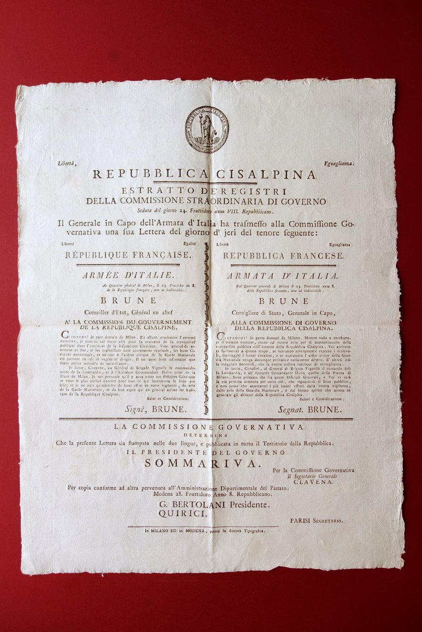 Grida Repubblica Cisalpina Armata d'Italia Ordine Pubblico Lombardia Milano 1800