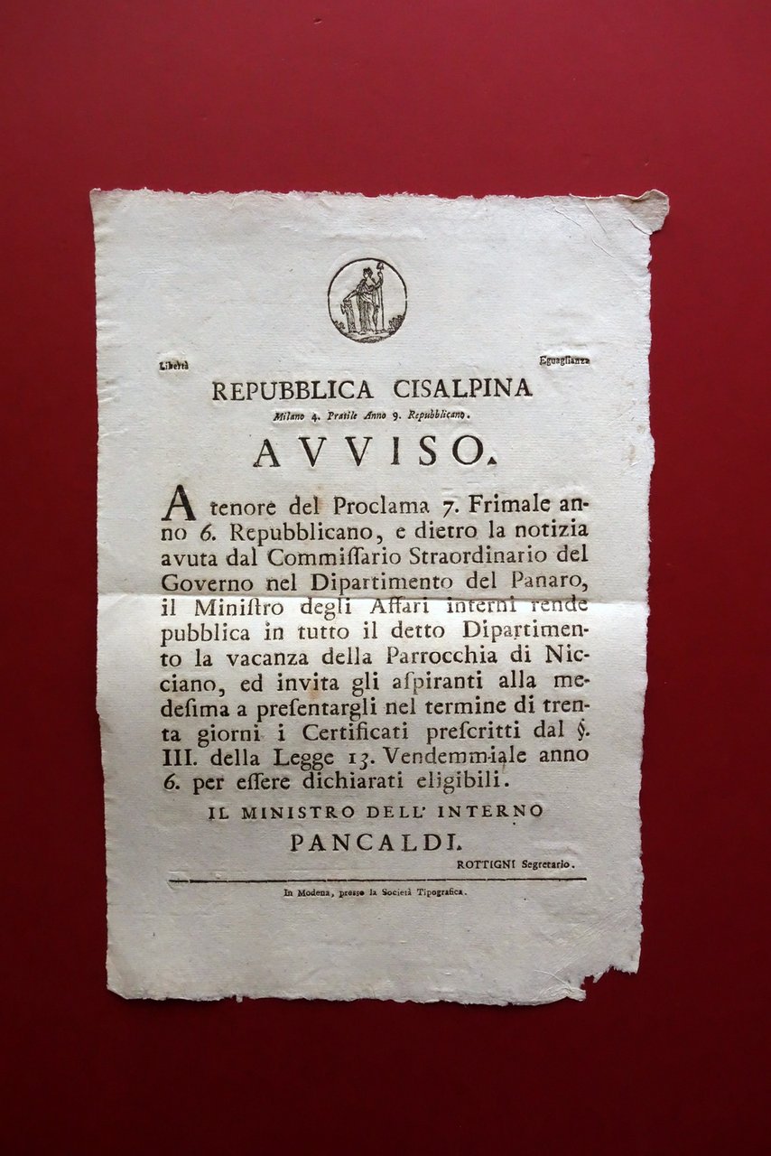 Grida Repubblica Cisalpina Avviso Vacanza Parrocchia di Nicciano Modena 1799