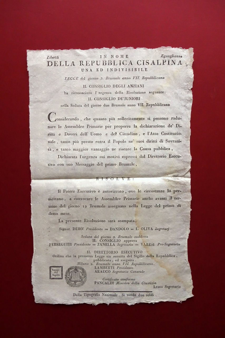 Grida Repubblica Cisalpina Convocazione Assemblee Diritti e Doveri del Cittadino