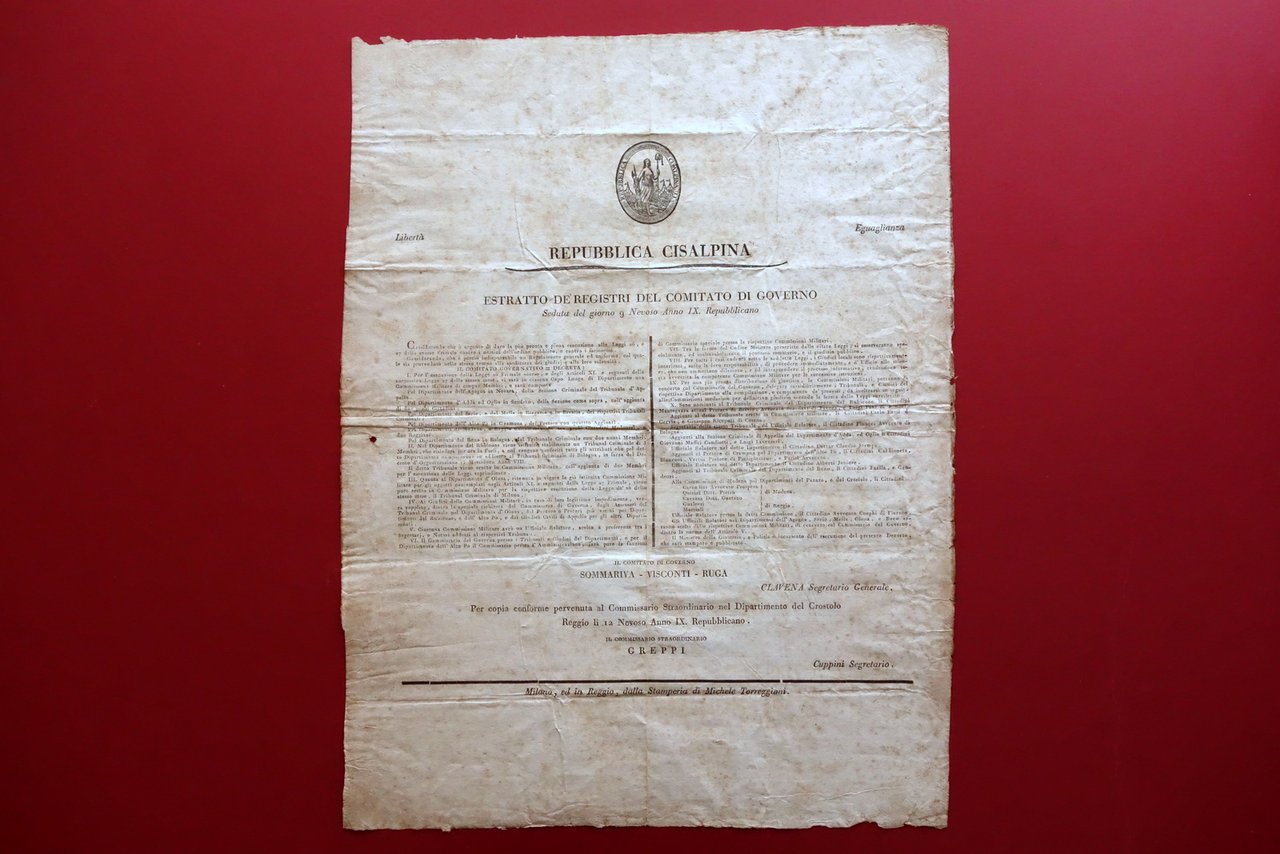 Grida Repubblica Cisalpina Nomina Commissione Militare Dipartimenti Modena 1800