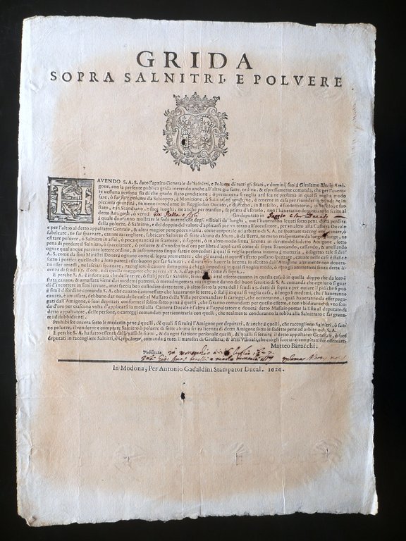 Grida Sopra i Salnitri e Polvere Ducato di Modena Reggio Gadaldini 1626 Rara