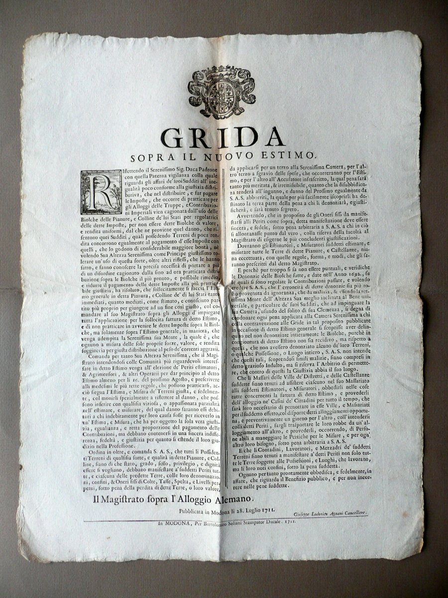 Grida Sopra il Nuovo Estimo Soliani Modena 1711 Alloggio Truppe … | Immagine principale