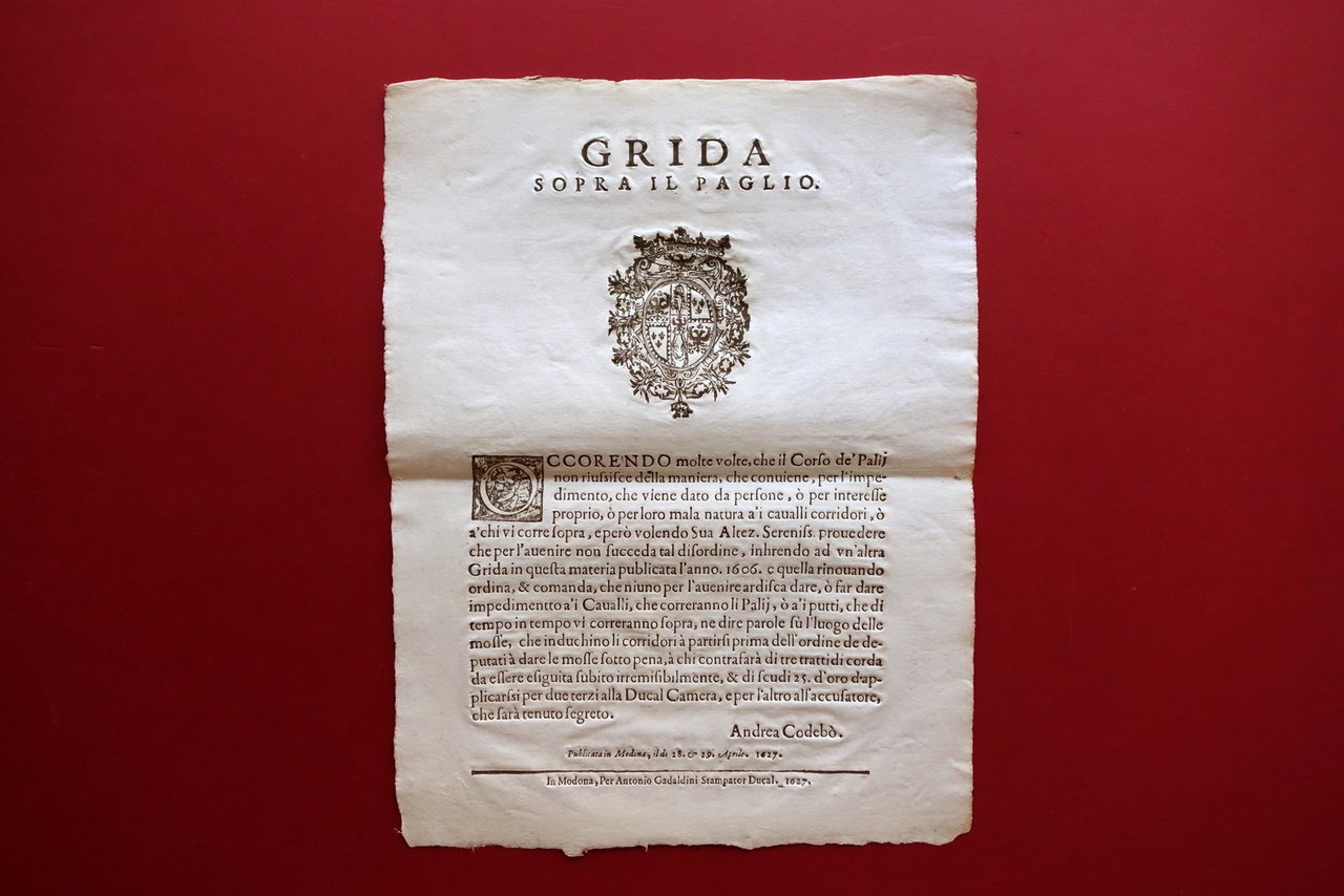 Grida Sopra il Paglio Palio Disposizioni Regole Gadaldino Modena 1627 …