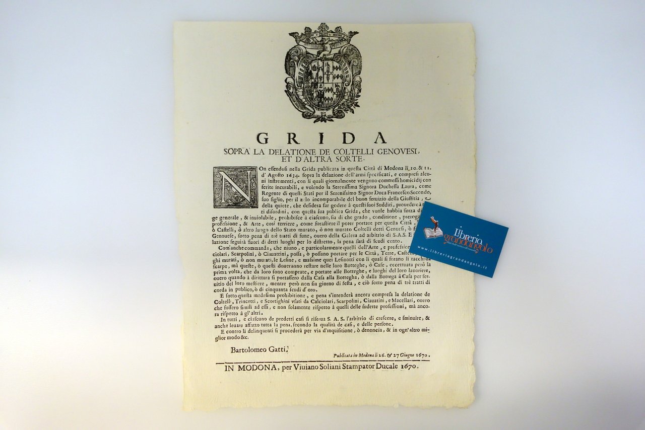 Grida Sopra la Delazione dei Coltelli Genovesi Armi Modena 1670 … | Immagine principale