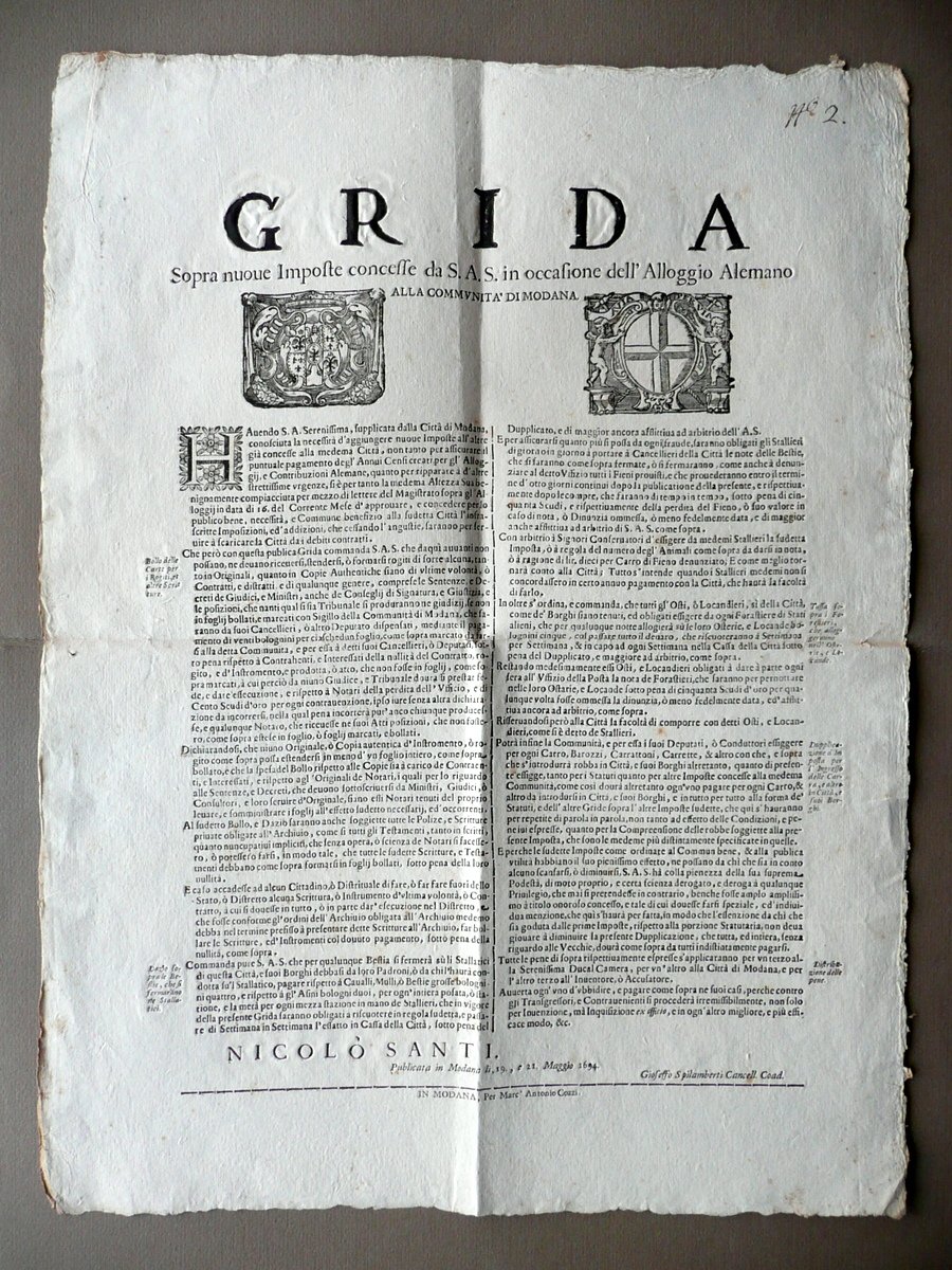 Grida Sopra Nuove Imposte Concesse Alloggio Alemano Modena 1694 Doppio … | Immagine principale