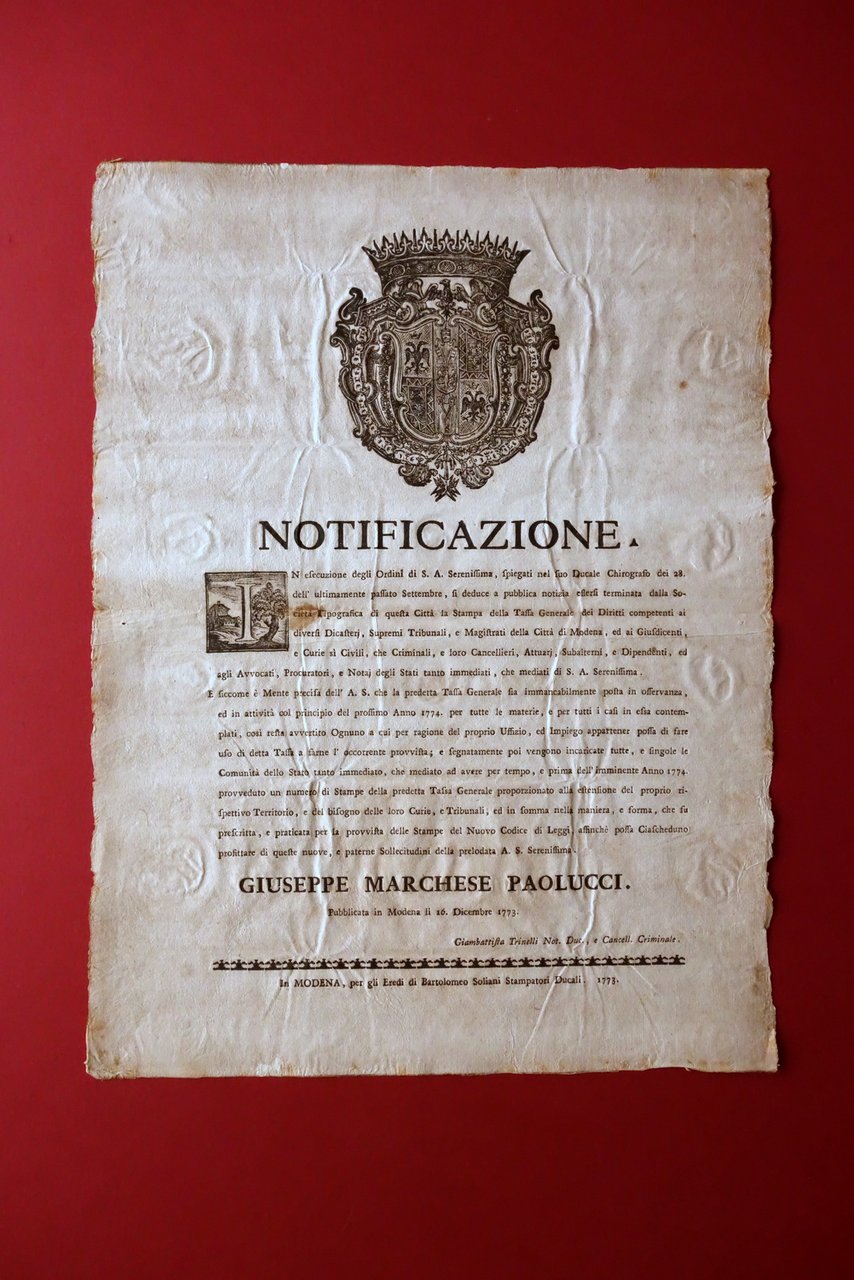 Grida Stampa Tassa Generale Diritti Magistrati Tribunali Modena 1773 Stemma