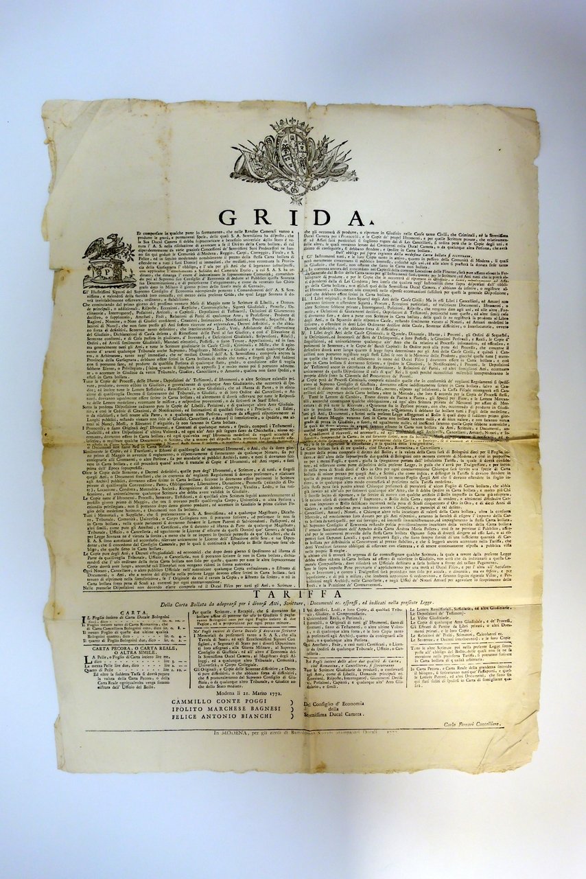 Grida Tariffa della Carta Bollata per Atti Scritture Documenti Modena …