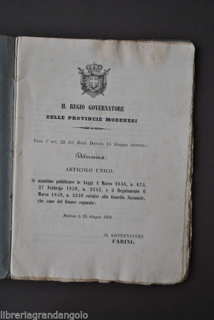 Guardia Nazionale Milizia Comunale Modena Farini Regolamento Battaglioni 1859 | Immagine principale