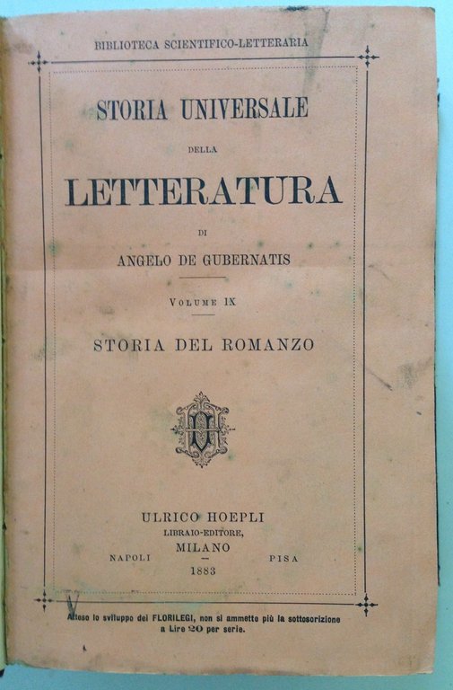 GUBERNATIS STORIA UNIVERSALE DELLA LETTERATURA 3 VOLUMI MILANO HOEPLI 1883