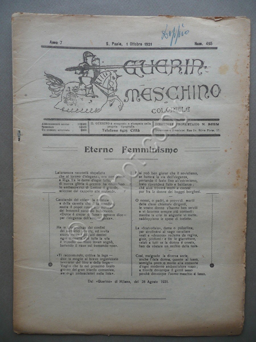 Guerin Meschino Coloniale Anno 7 N.455 San Paolo Brasile 1/10/1921 …