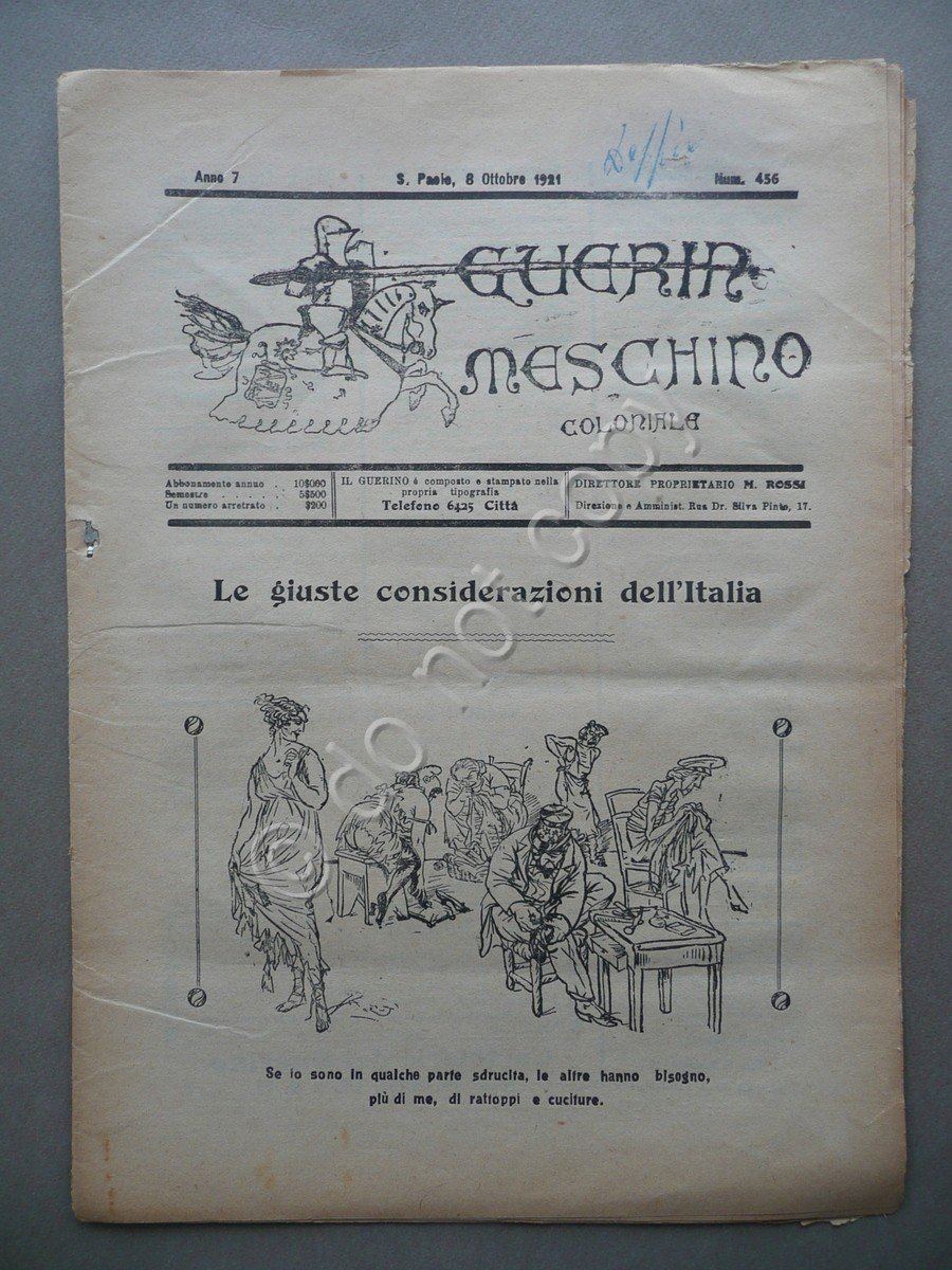 Guerin Meschino Coloniale Anno 7 N.456 San Paolo Brasile 8/10/1921 …