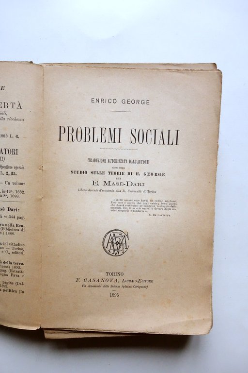 H. George E. MasÈ-Dari Problemi Sociali Casanova Torino 1895 Raro