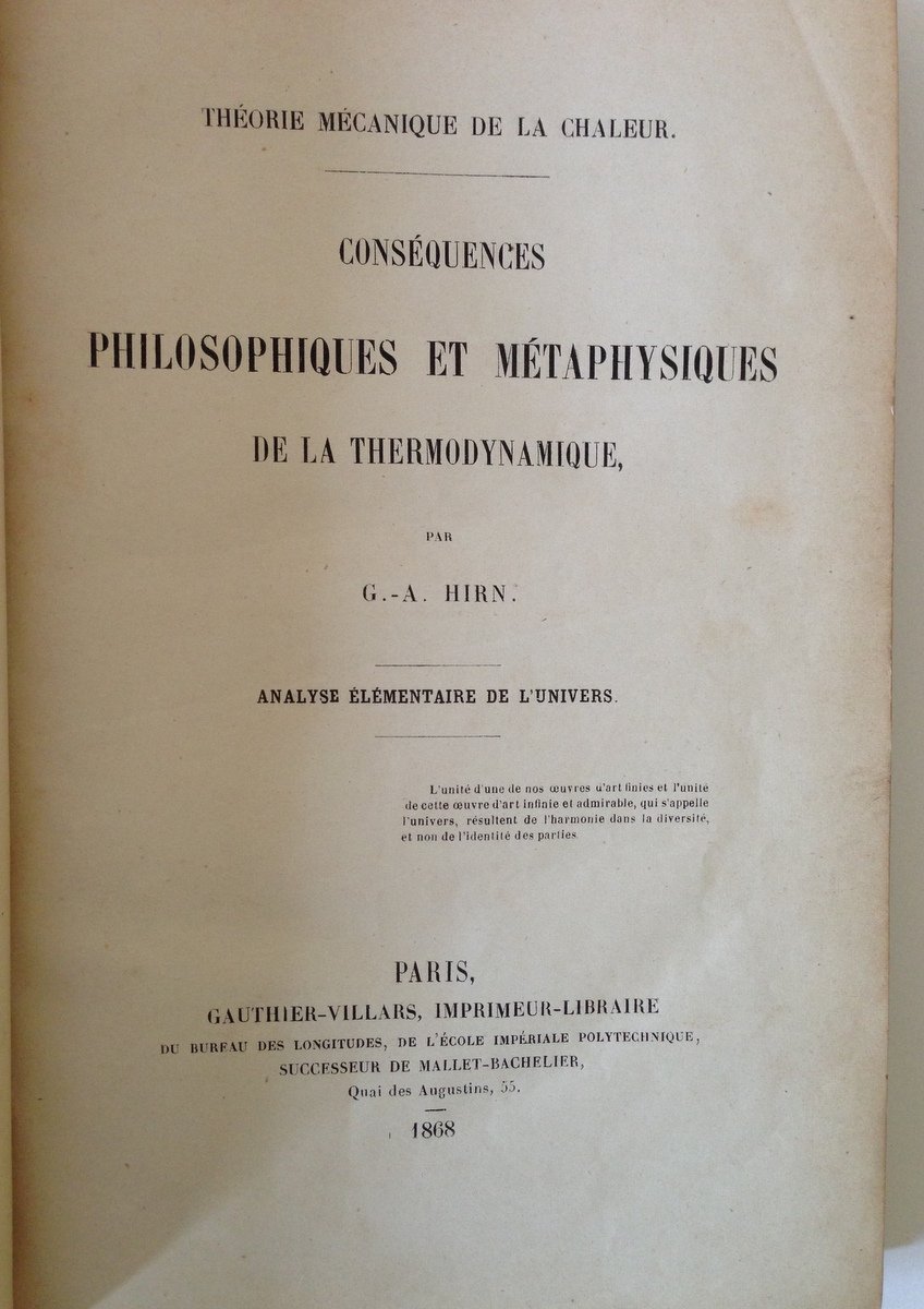 HIM CONSEQUENCES PHILOSOPHIQUES ET METAPHYSIQUES DE LA THERMODINAMIQUE 1868 | Immagine principale
