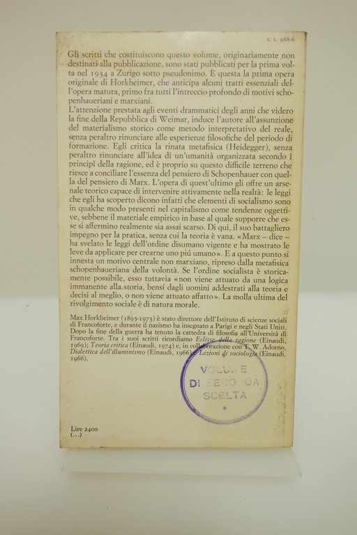 HORKHEIMER CREPUSCOLO APPUNTI PRESI IN GERMANIA 1926-1931 WEIMAR EINAUDI 1977