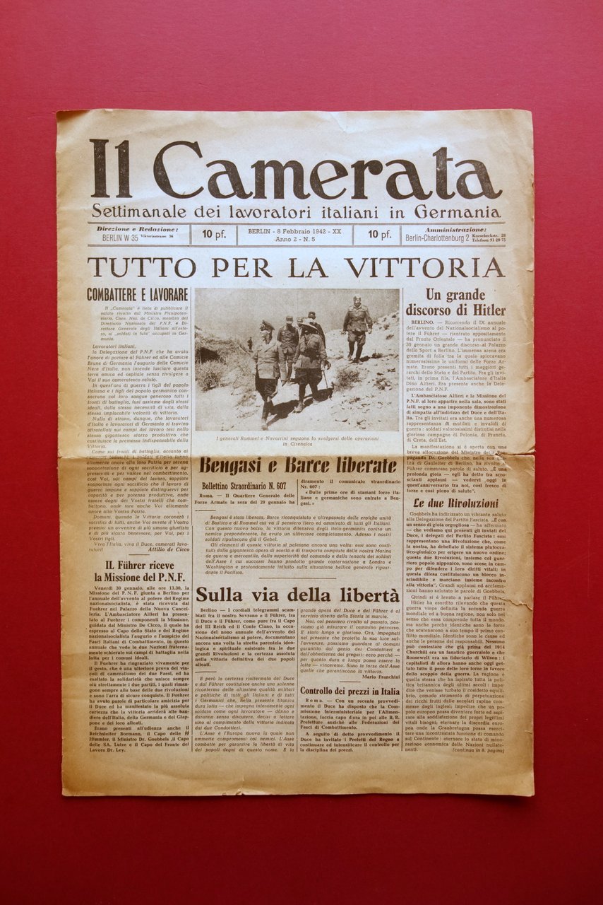 Il Camerata Settimanale dei Lavoratori Italiani in Germania 8/2/1942 WW2 …