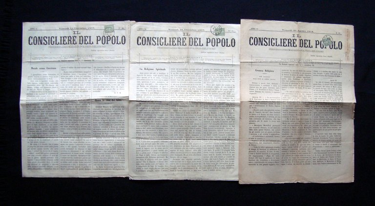 Il Consigliere del Popolo 3 Numeri Anno X XI 1877-78 Politica Religione Reggio E