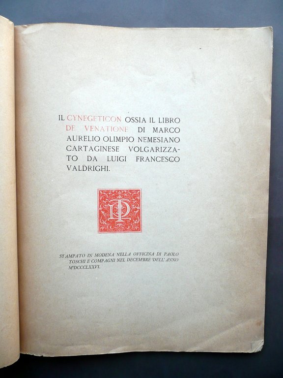 Il Cynegeticon di Nemesiano Volgarizzato Luigi Francesco Valdrighi 1876 Raro