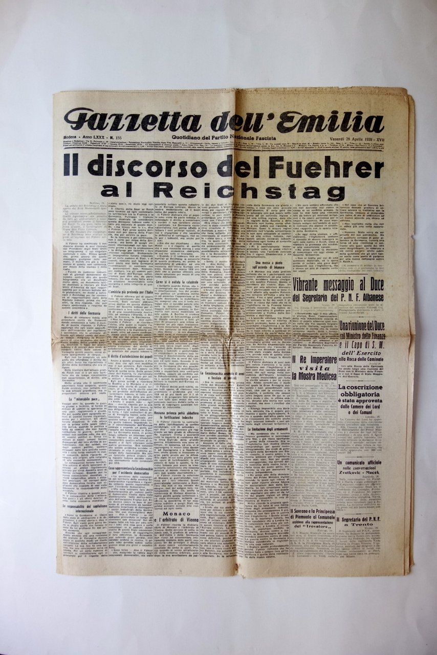 Il discorso del Fuhrer al Reichstag Gazzetta dell'Emilia Modena 28/4/1939 | Immagine principale