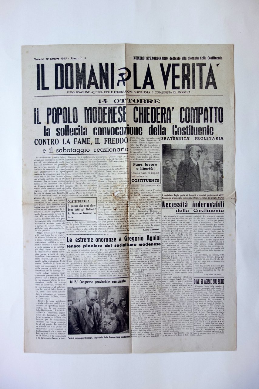 Il Domani La Verit‡ Modena 12/10/1945 Numero Straordinario Costituente Politica