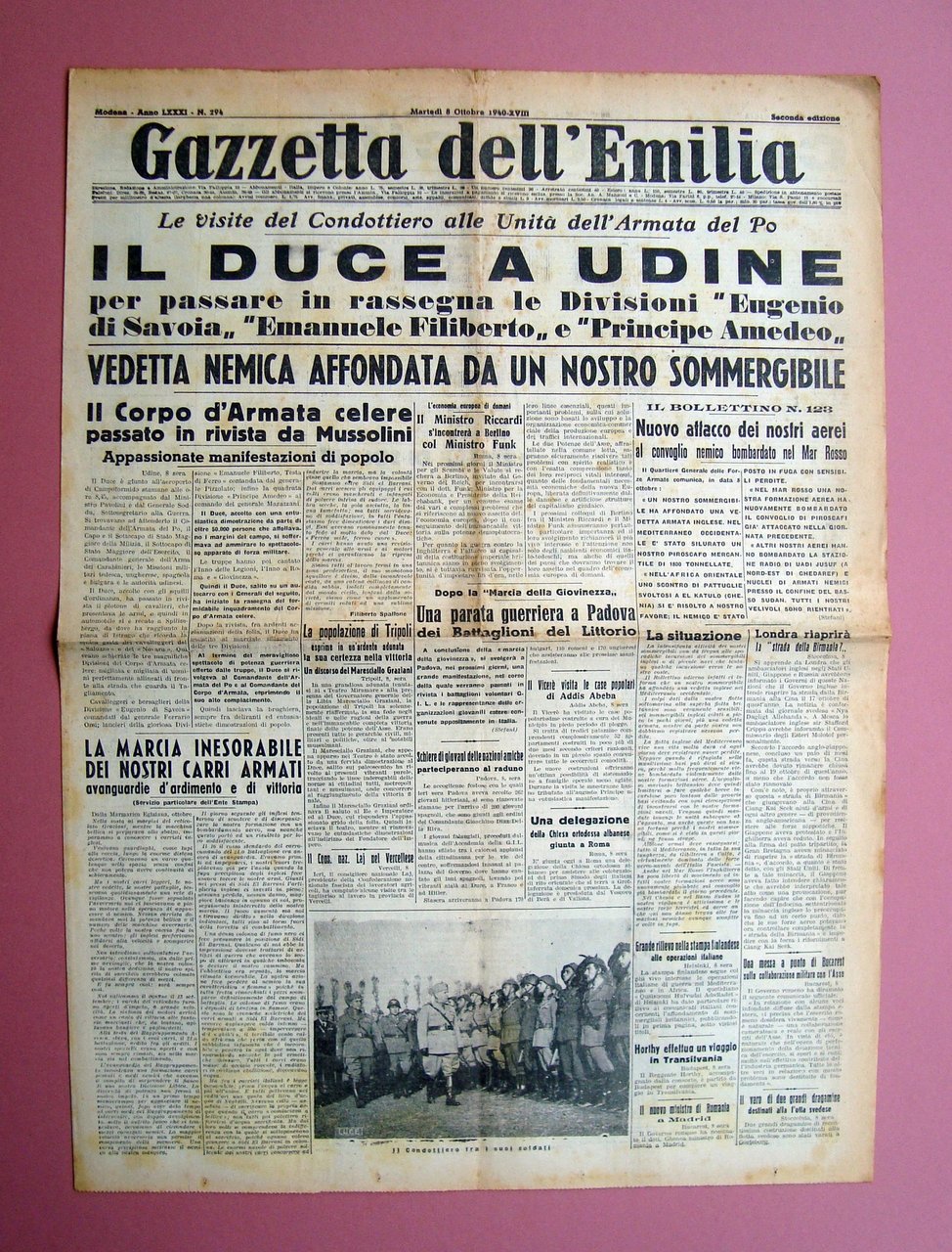 Il Duce a Udine in prima Gazzetta dell'Emilia 8/10/1940 completo