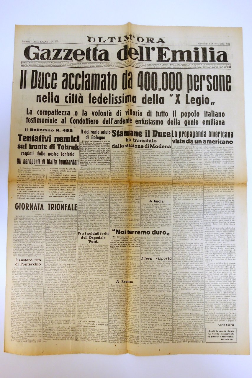 IL DUCE ACCLAMATO DA 400.000 PERSONE BOLOGNA GAZZETTA DELL'EMILIA 8/10/1941
