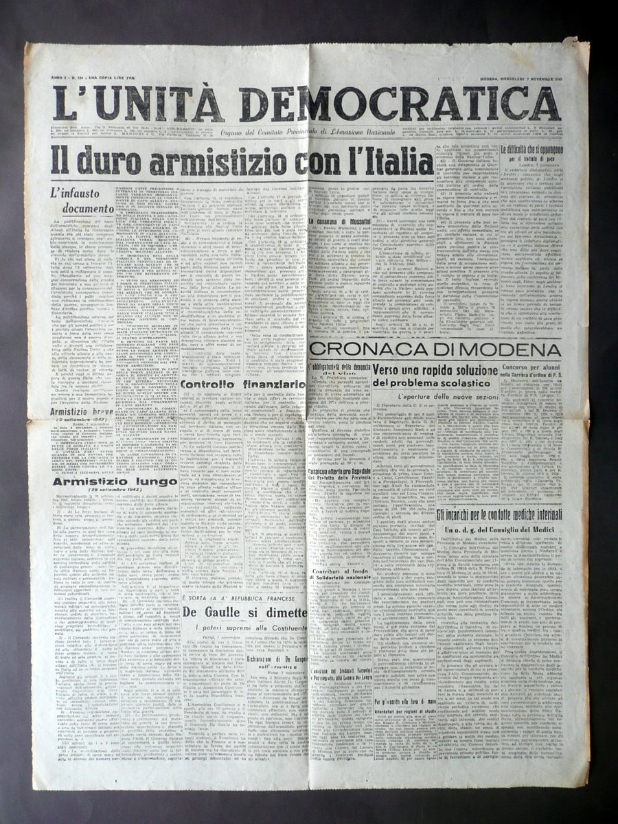 Il Duro Armistizio con l'Italia 1943 L'Unit‡ Democratica Anno I …