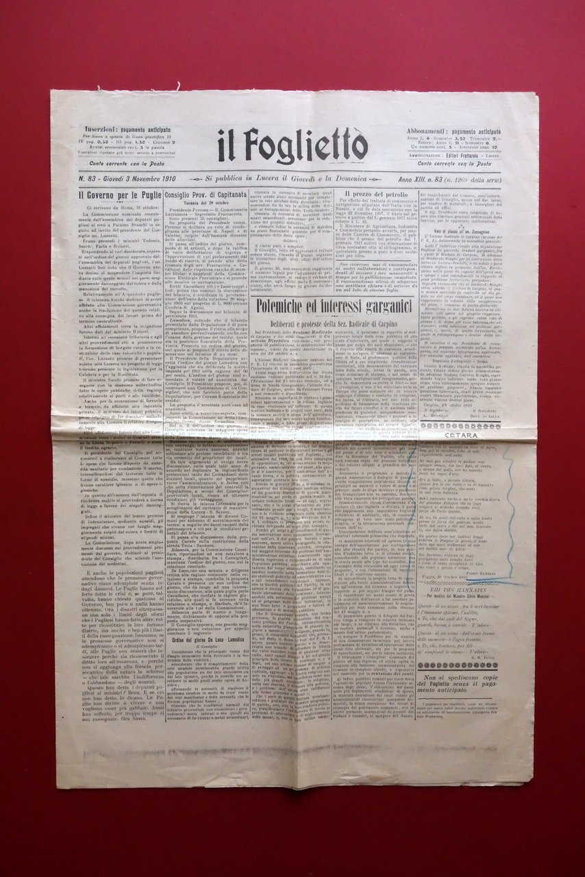 Il Foglietto Lucera bisettimanale Anno XIII Numero 83 3.11.1910 Foggia … | Immagine principale