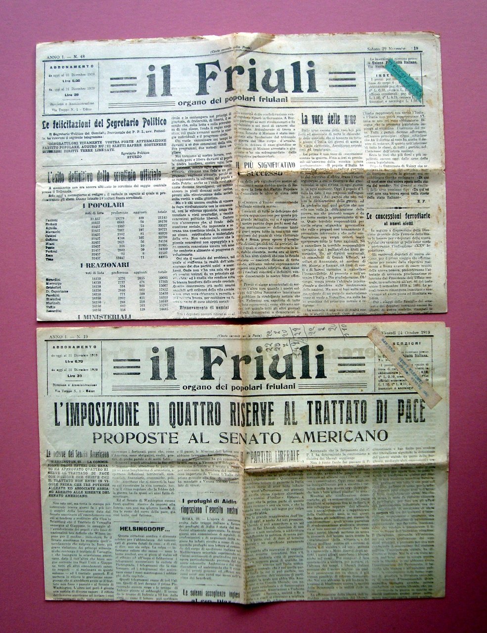 Il Friuli organo P.P.I due giornali N 19 24/10/1919 N …