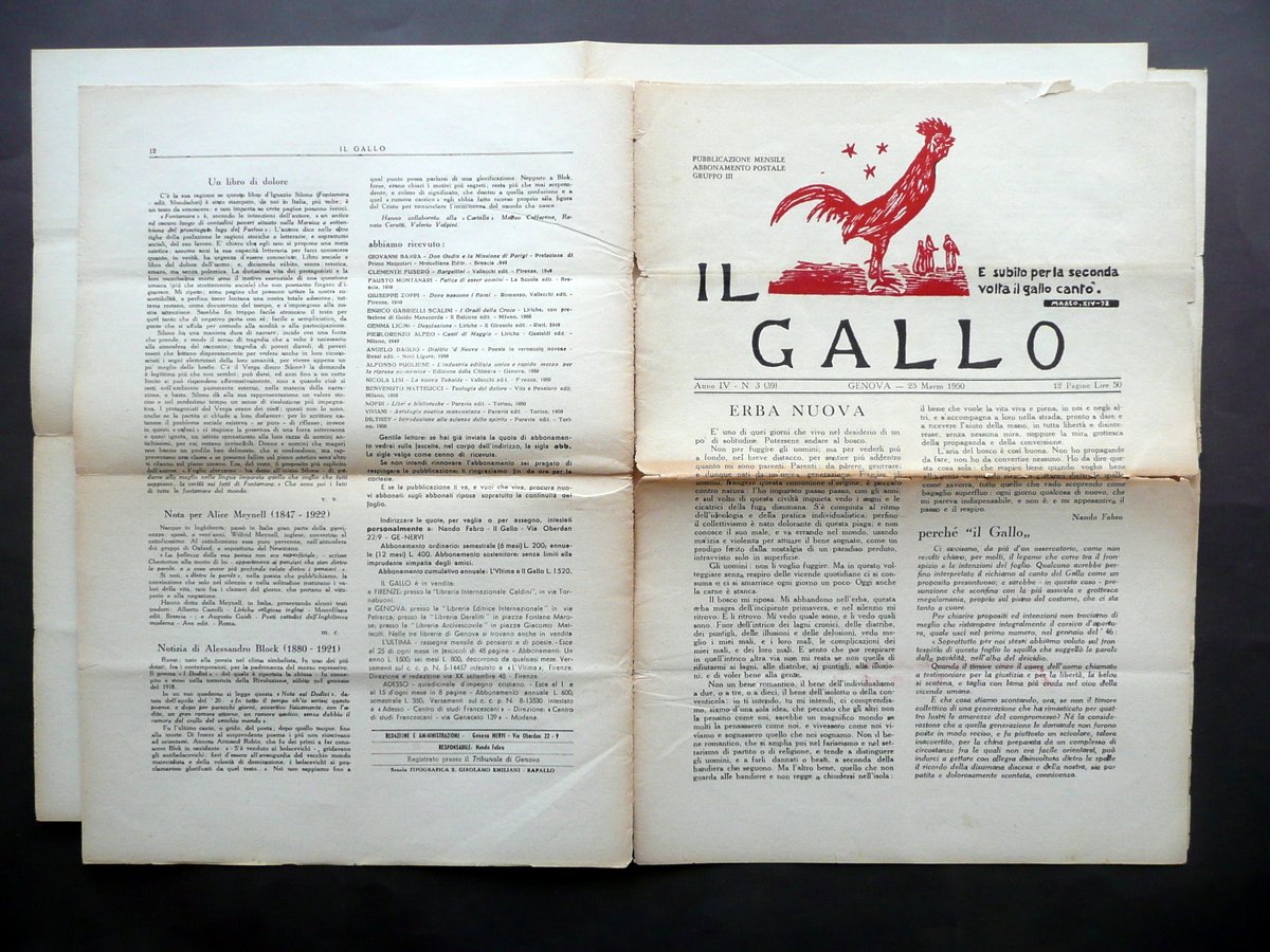 Il Gallo Mensile Anno IV Numero 3 Genova 25/3/1950 Fabro …