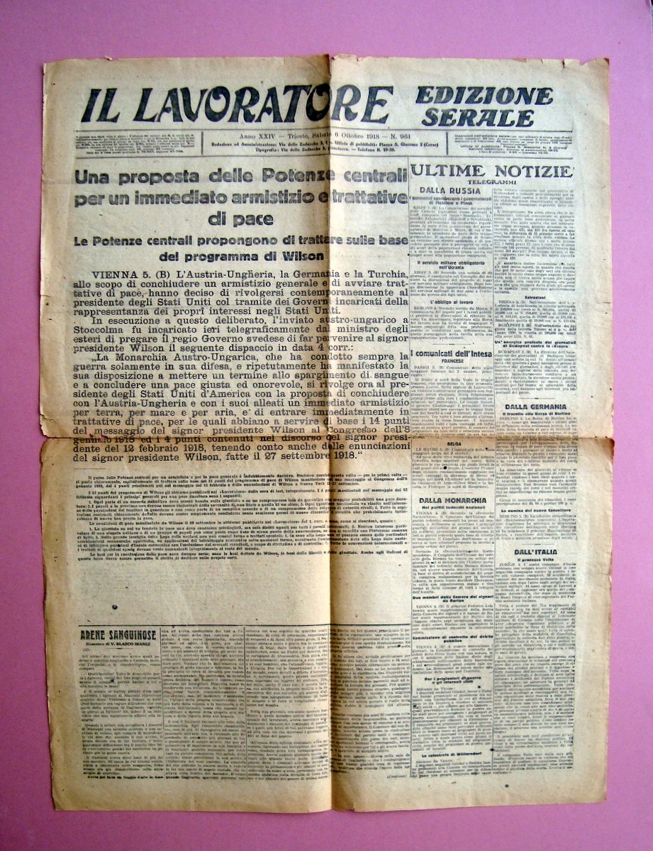 Il Lavoratore Trieste 6 ottobre 1918 Proposta Potere Centrale Armistizio …